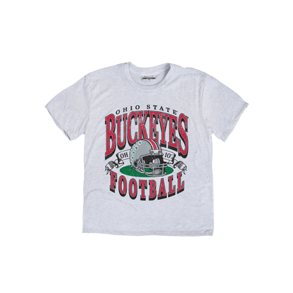 Ohio State university light gray youth tee, ohio state football helmet, OH IO ribbon