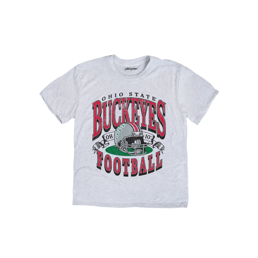 Ohio State university light gray youth tee, ohio state football helmet, OH IO ribbon