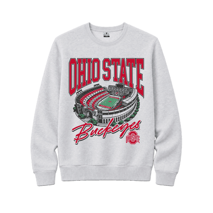 Light gray Ohio State unisex crew sweatshirt, Ohio State Stadium and field, Buckeyes script, osu athletic logo