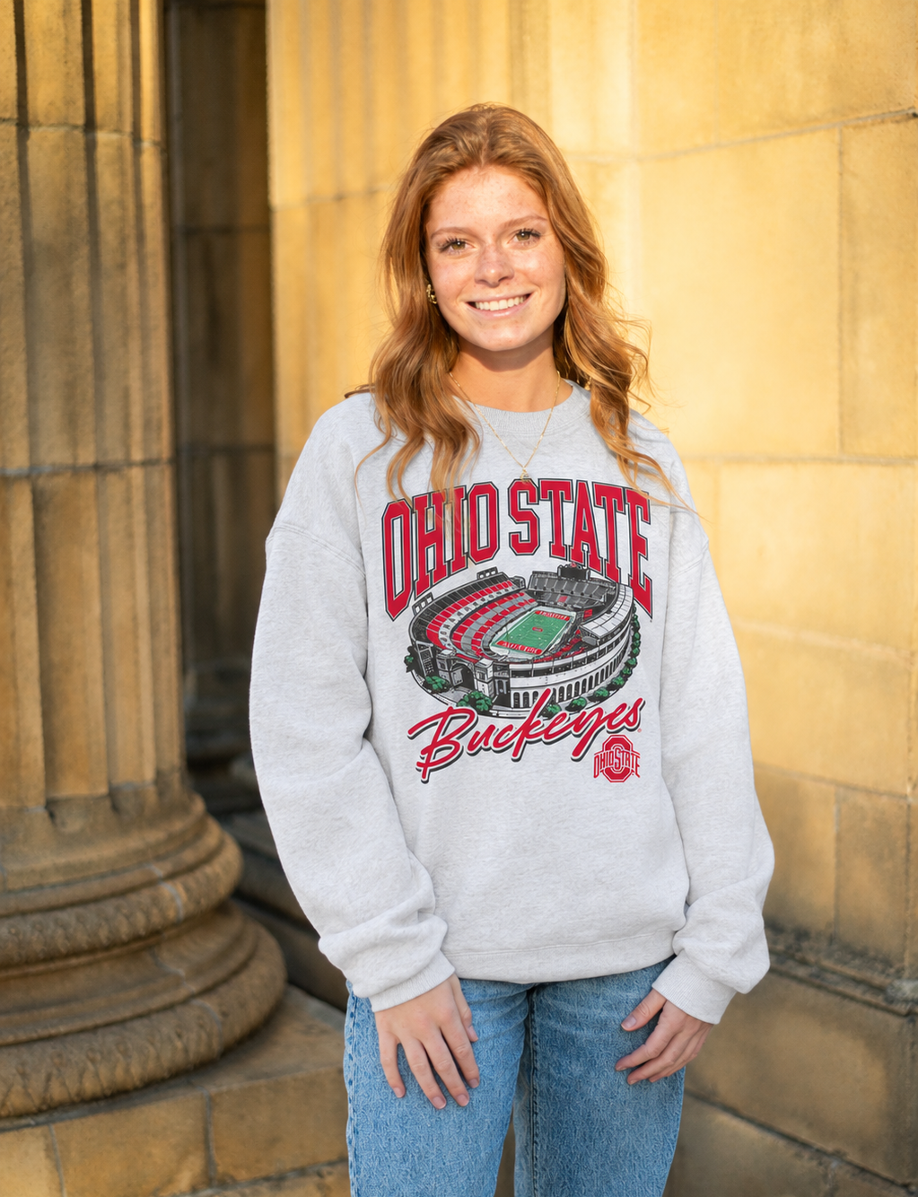 Light gray ohio state university unisex sweatshirt, Ohio state stadium, buckeyes script