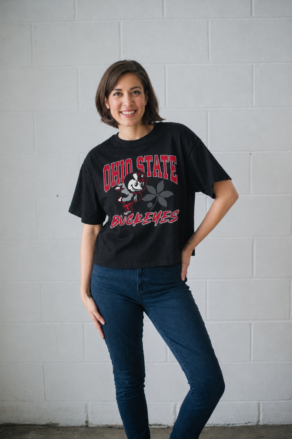 Black Ohio State University cropped women's tee, Ohio state, Heritage brutus, buckeye leaf, buckeyes script