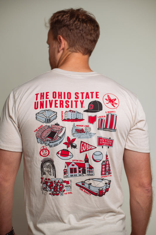 Beige Ohio State University unisex tee, Ohio State university iconic images, back