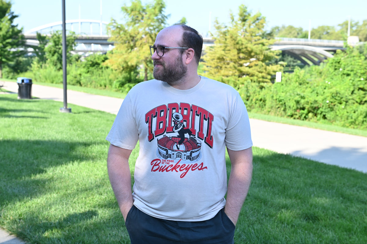 Beige Ohio State University unisex tee, The Pride of thee buckeyes, tbdbitl, ohio stadium, band member, park