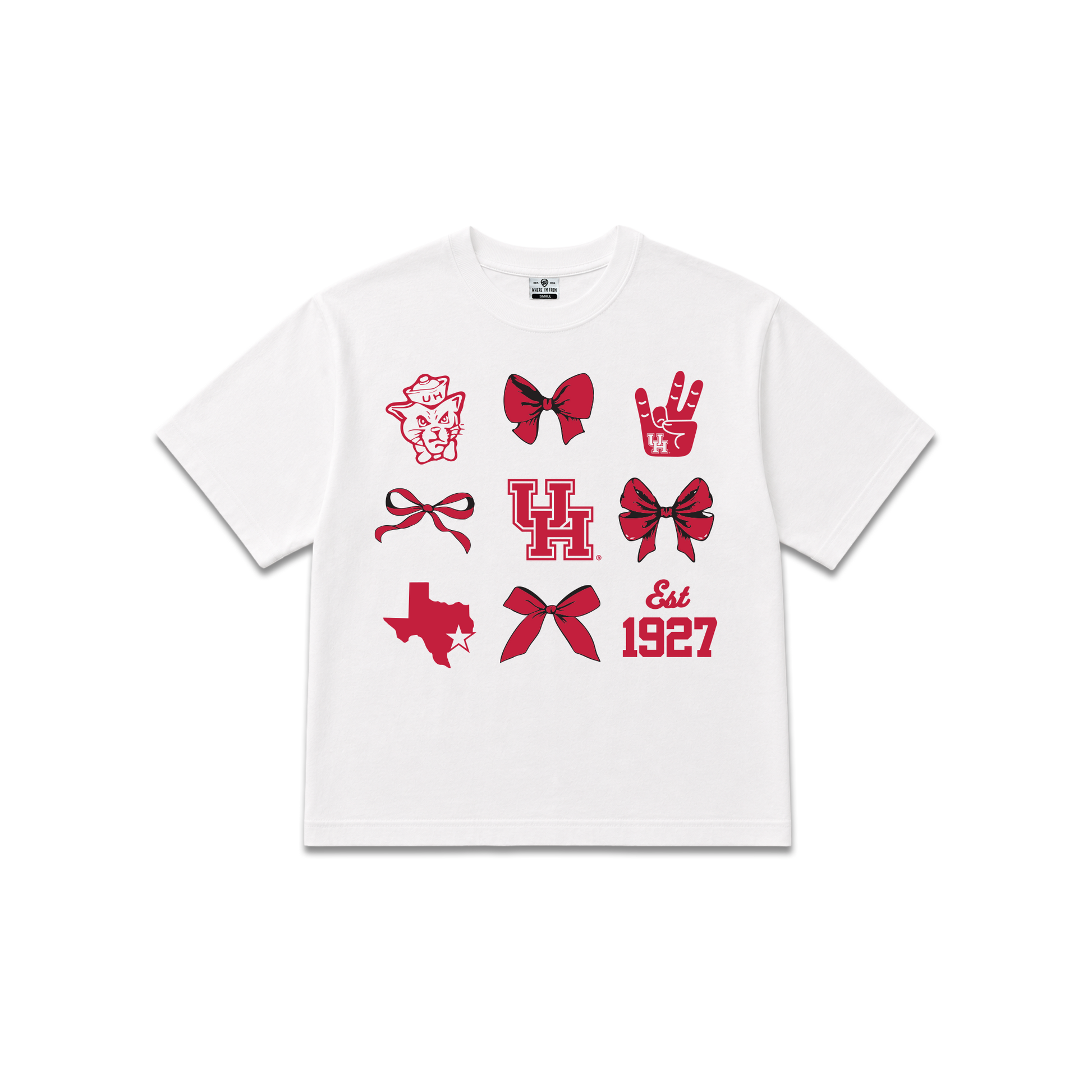 White University of Houston Cougars, womens oversized cropped tee, bows, cougar logo, UH icons.