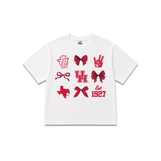 White University of Houston Cougars, womens oversized cropped tee, bows, cougar logo, UH icons.