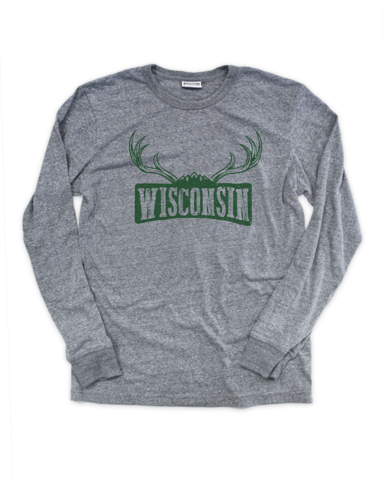 Wisconsin Green Antlers Gray Long Sleeve