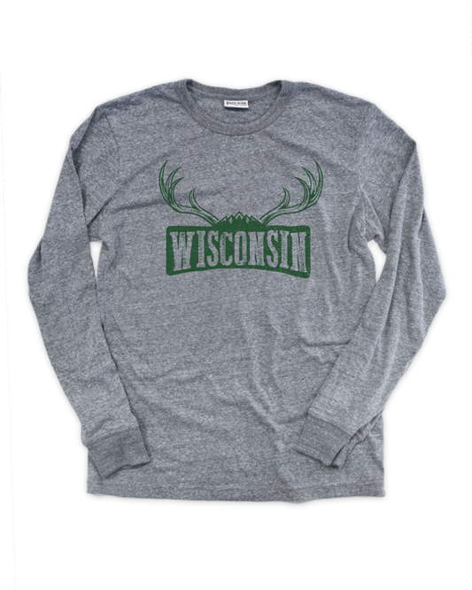 Wisconsin Green Antlers Gray Long Sleeve
