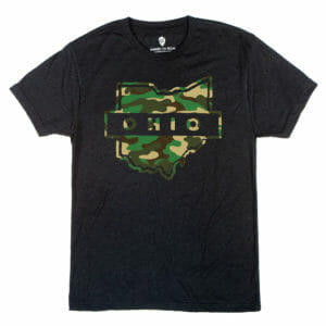 This black crew features the outline of the state of Ohio filled in with a camo pattern.