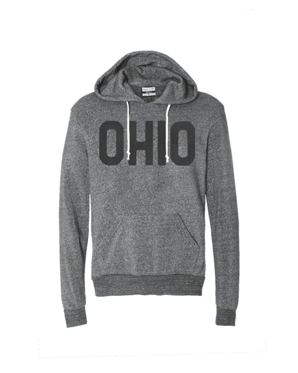 This gray hoodie feature our simple Ohio design in black.