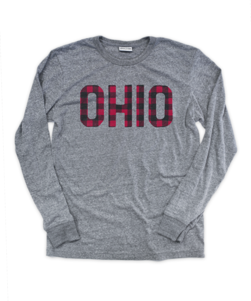 Our soft unisex gray long sleeve featuring the word Ohio in a plaid lettered design.
