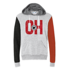 This Ohio quad hoodie features red and black sleeves with a gray hood and an ash body.