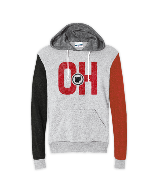 This Ohio quad hoodie features red and black sleeves with a gray hood and an ash body.