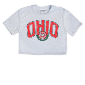 Our classic ash crew neck cropped to just the right length, featuring our vintage Ohio stamp design.