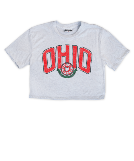 Our classic ash crew neck cropped to just the right length, featuring our vintage Ohio stamp design.