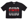 This black crop top features our Ohio Tall stripe design. The design has stripe of red, white and dark gray.