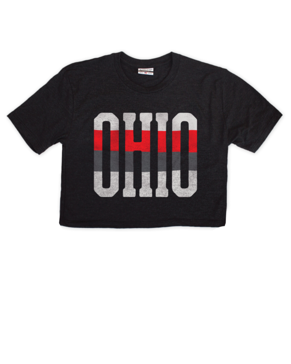 This black crop top features our Ohio Tall stripe design. The design has stripe of red, white and dark gray.
