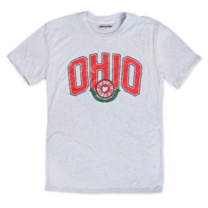 Our ash white crewneck t shirt featuring our vintage distressed Ohio Arch Stamp design.