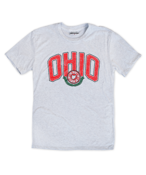 Our ash white crewneck t shirt featuring our vintage distressed Ohio Arch Stamp design.