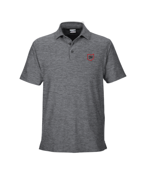 Gray heathered polo featuring two buttons and an ohio state outline with OH in the middle