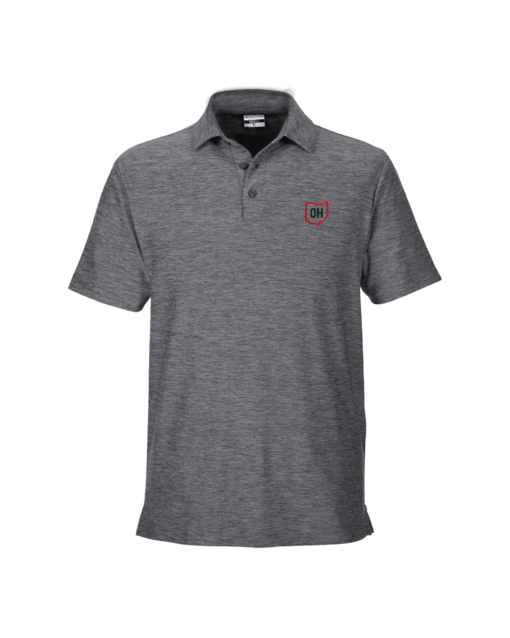 Gray heathered polo featuring two buttons and an ohio state outline with OH in the middle