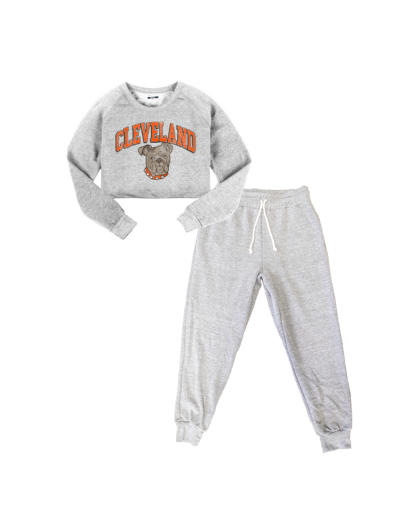 This Cleveland Ash lounge set features our Cleveland Dawg Arch Crop Sweatshirt and our ash sweatpants.