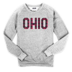This ash sweatshirt features our Ohio Plaid design.