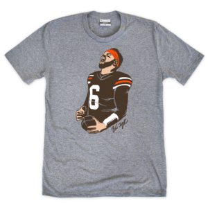 This gray crew t-shirt features an iconic image of Baker Mayfield yelling while holding a football.