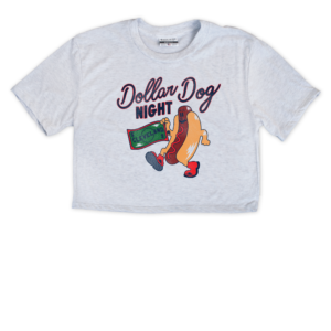 This crop top features a hot dog holding a Cleveland dollar bill to celebrate Dollar Dog Night.