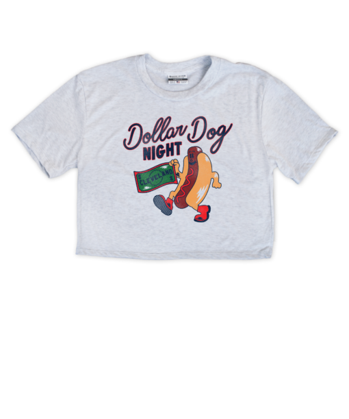 This crop top features a hot dog holding a Cleveland dollar bill to celebrate Dollar Dog Night.