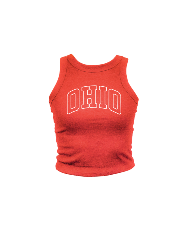 This red high neck tank features Ohio text.