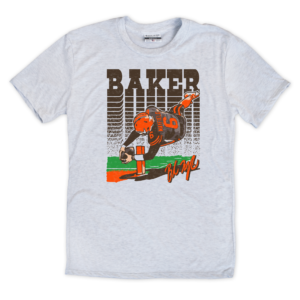 This ash t-shirt features Baker diving in the endzone to catch a football.