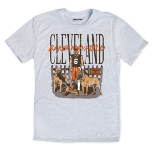 This Baker Mayfield t-shirt displays the Cleveland Quarterback with three dogs.