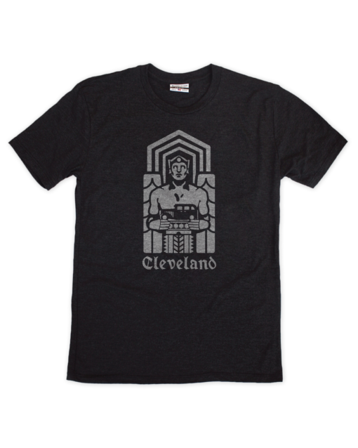This black t-shirt features a graphic depiction of the Guardian Monument in Cleveland.