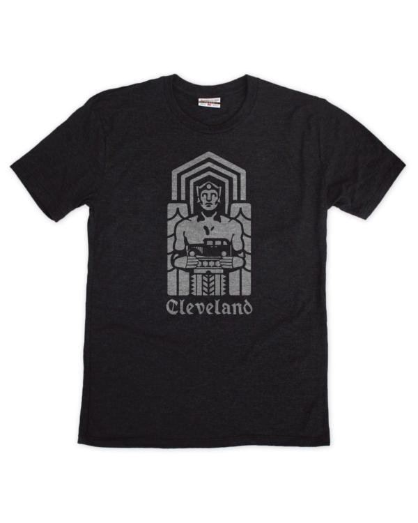 This black t-shirt features a graphic depiction of the Guardian Monument in Cleveland.