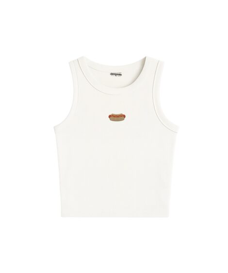 Hot Dog Embroidered White Cotton High Neck Tank