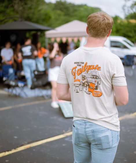 Here For The Tailgate Front/Back Oatmeal Crew T-Shirt